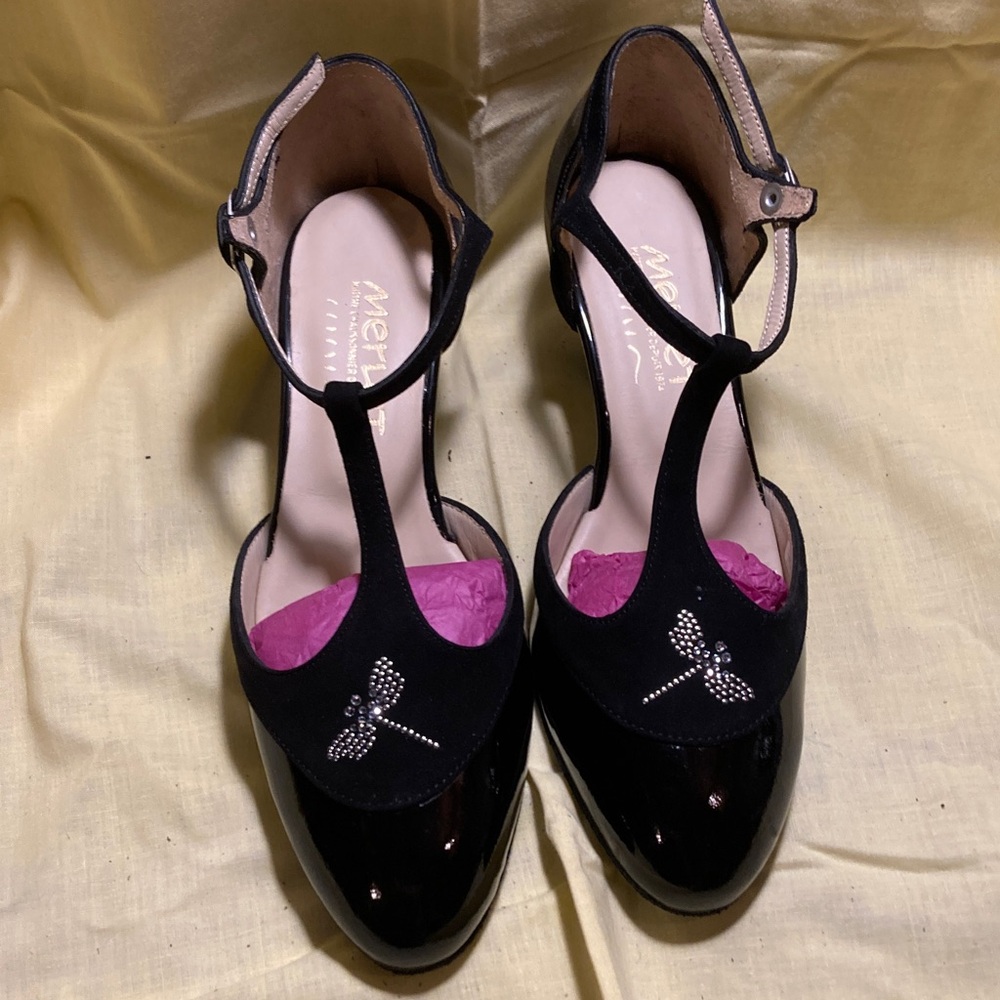 Elegant Black T-Strap Heels with Dragonfly Detail/ Ballroom